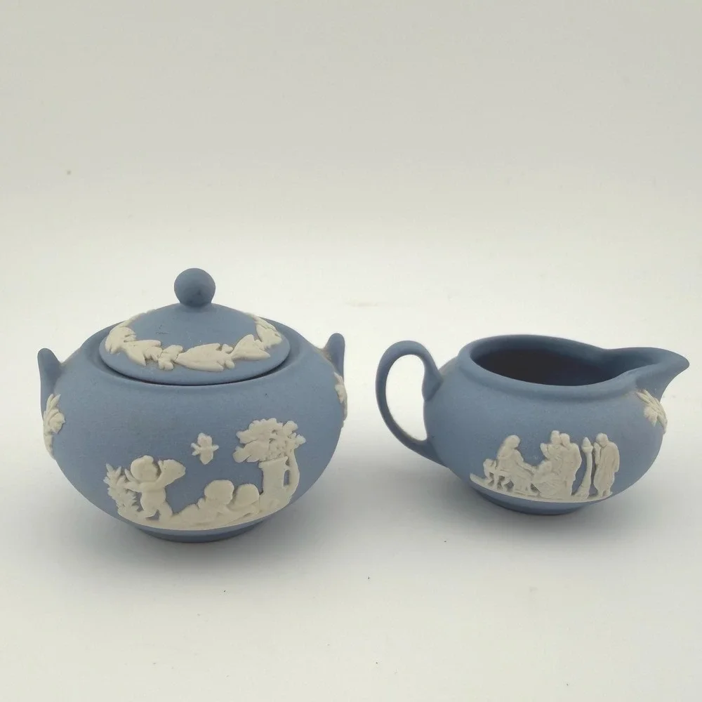 Wedgwood Jasperware Miniature Cream and Sugar Set Blue White Neoclassical Set